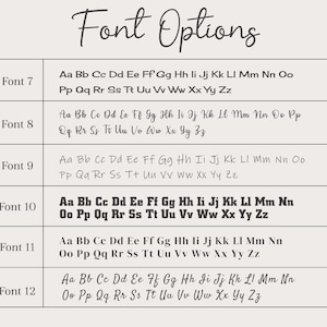 Puede incluir: Un gr&aacute;fico beige que muestra opciones de fuente, con el t&iacute;tulo "Font Options" en escritura cursiva. Se muestran seis estilos de fuente, cada uno con una muestra del alfabeto. La fuente 10 es en negrita, las otras est&aacute;n en una fuente est&aacute;ndar.