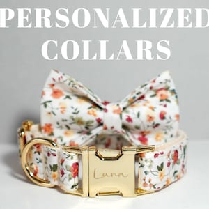 White Floral Dog Collar, Harness, Leash, Bow tie, Flower Set, Puppy Small Dog Gift with Personalized Nameplate