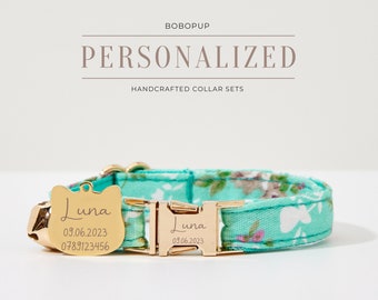 Fancy Green Floral Cat Collar Bell Set For New Year Gift, Personalized Cat Collar Bell Leash For Wedding Gift,Customized Pet Tag Dog Collar