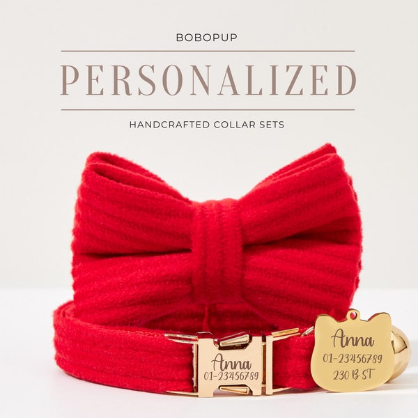 Luxury Red Corduroy Cat Collar Bowtie Set For Christmas Gift, Personalized Kitty Collar Bell Bowtie Set,Customized Puppy Collar Leash Set