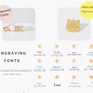 May include: A white velvet cat collar with a gold buckle and a bell. The collar is engraved with the name "Anna". The image also shows a selection of 12 different font styles for engraving pet collars and tags, with corresponding numbers and phone numbers.