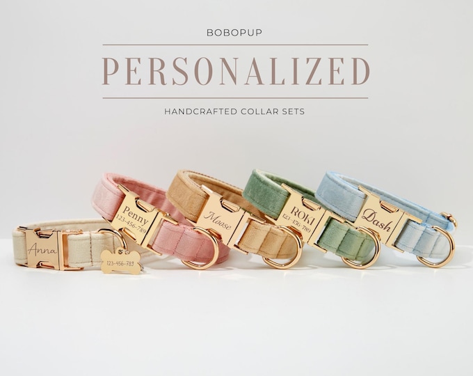 Handmade Velvet Dog Collar Leash Gift For Pet Owners,Personalized Puppy Collar With Engraved Name Tag For Pet Birthday Gifts,  Pet Collars