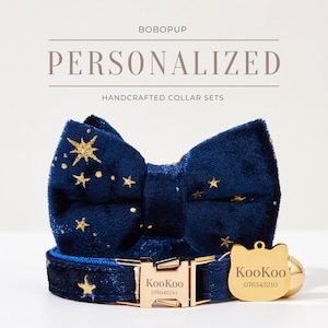 Kundenspezifische Navy Star Velvet Kätzchenhalsband Leine Fliege Set für Hochzeitsgeschenke, personalisierte Welpen Kragen Leine Fliege Set für Weihnachtsgeschenke