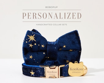 Personalizado Navy Star Velvet Kitten Collar Leash Bowtie Set para regalos de boda, personalizado Puppy Collar Leash Bowtie Set para regalos de Navidad