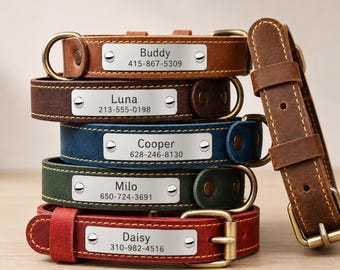 Personalized Dog Collar with Name, Genuine Leather Engraved Dog Collar with Phone Number