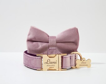 Lavender Personalized Dog Collar Bow tie and Leash Set, Luxury Velvet with Engraved Metal Buckle, Designer Lilac Dog Dress at Wedding