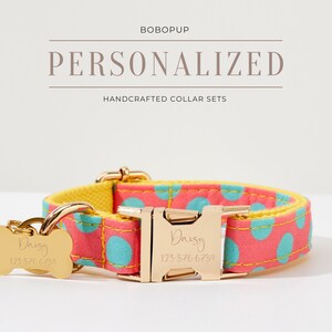 May include: A pink and yellow dog collar with turquoise polka dots and a gold buckle. The collar has a matching gold bone-shaped tag with the name "Daisy" and a phone number engraved on it.