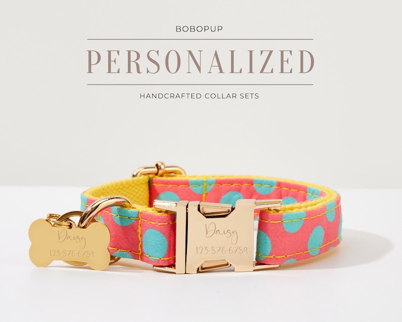May include: A pink and yellow dog collar with turquoise polka dots and a gold buckle. The collar has a matching gold bone-shaped tag with the name "Daisy" and a phone number engraved on it.