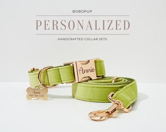 Green Personalized Dog Collar with Name, Thick Velvet Collar Bow for Boy Dog, Elegant Pet Dog Collar, Wedding Dog Collar and Lead Sale in UK