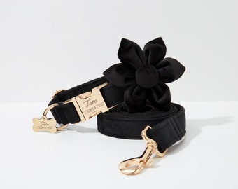 Black Velvet Flower Dog Collar Bow tie Flower Set, Personalized Collar and Leash with Name Engraved Metal Buckle