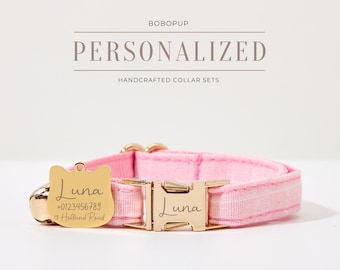 Customized Pink Check Cat Collar Bell Set,Handmade Kitty Collar Leash For Christmas Gift,Engraved Cat Tag With Cat Collar For Birthday Gift