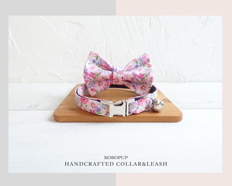 FREE Name Laser Engraving Pink Floral Personalized Cat Collar with Bow and Bell