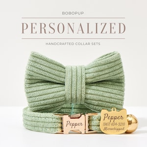 Customized Sage Green Corduroy Cat Collar Bell Set For Wedding Gift,Handmade Kitty Collar Leash For Birthday Gift,Luxury Puppy Collar Leash