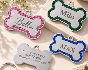 Personalized Bone Dog Tag, Custom Engraved Pet Name Tag for Puppy, Dog, Cat or Kitten