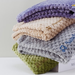 May include: Four plush pet blankets stacked on top of each other. The top blanket is purple, the second is beige, the third is gray, and the bottom is green. Each blanket has a different name embroidered on it: "Precious", "Sandy", "Lola", and "Matisse".