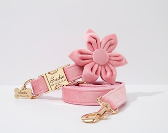 Personalized Flower Velvet Dog Collar and Leash Set, Free Engraving