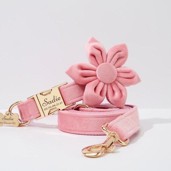 Ensemble personnalisé de collier et de laisse pour chien à fleurs, velours doux rose avec gravure laser de nom gratuite, collier personnalisé pour chiot fille et garçon