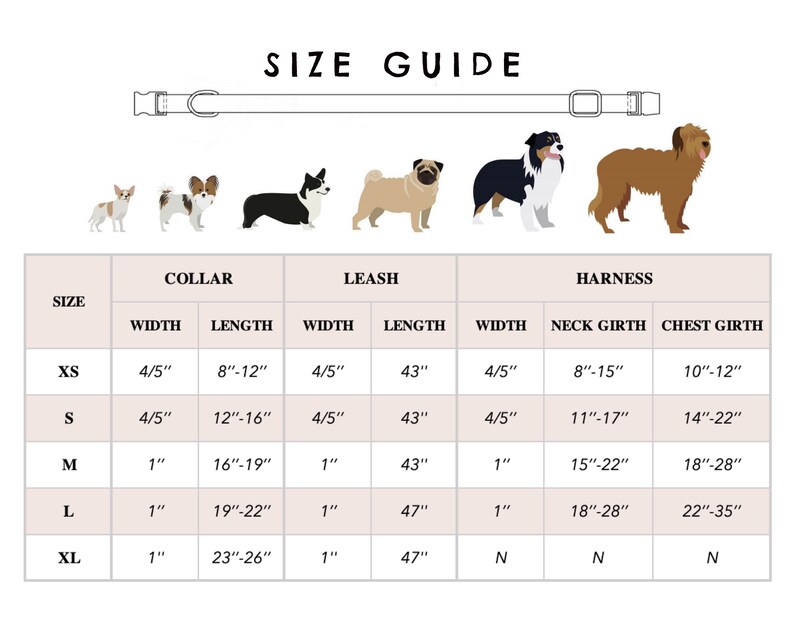 May include: Size guide chart for dog collars, leashes, and harnesses. The chart shows the size, width, and length of each item in inches. The chart also includes a visual representation of the different sizes with various dog breeds.