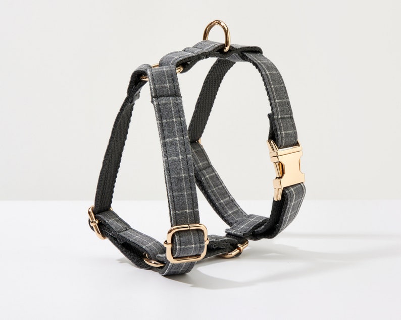 May include: A gray and white plaid dog harness with gold-toned hardware.