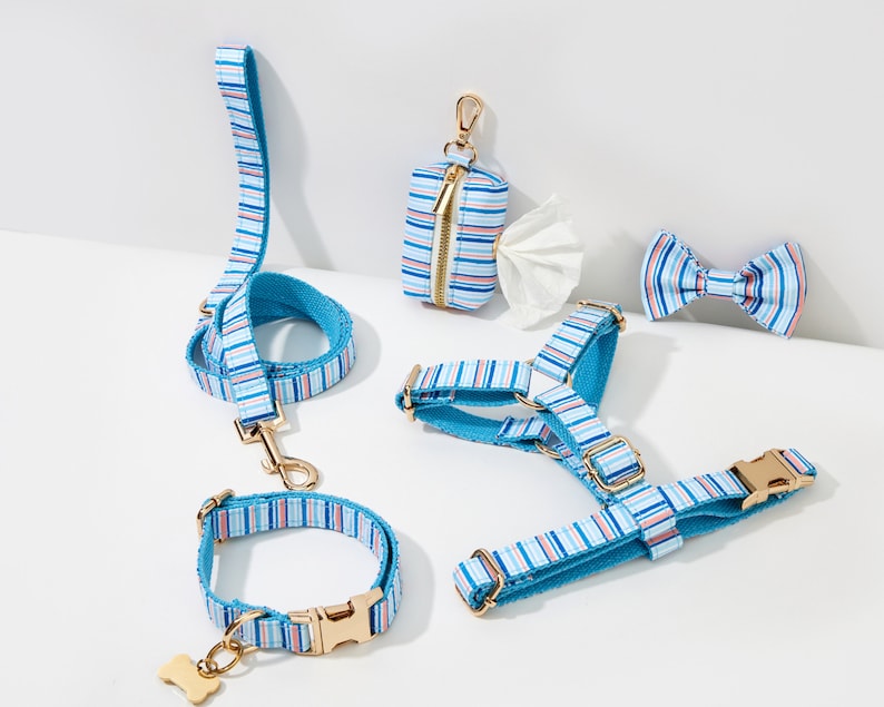 May include: A collection of dog accessories in a blue and white striped pattern. The set includes a leash, collar, harness, bow tie, and waste bag dispenser. All pieces have gold-colored hardware.
