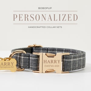 May include: A gray and white plaid dog collar with a gold buckle and a gold bone-shaped tag that says "HARRY" and "625 Springhouse Rd". The collar also has a gold tag that says "HARRY" and "(543) 765-4321".
