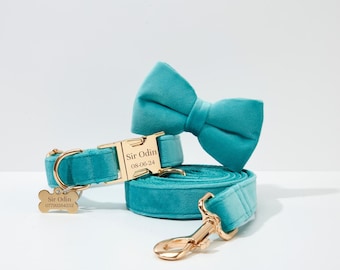 Turquoise Dog Collar and Leash Bow Set, Gold Metal with Custom Engraved ID, Wedding Boy Puppy Collar, Thick Velvet Dog Collar