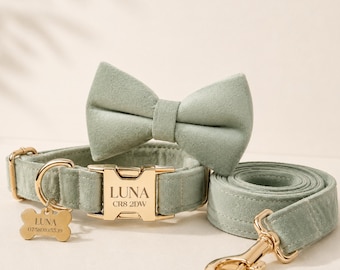 Personalized Sage Green Velvet Pet Harness Leash,Custom Velvet Dog Harness,Dog Collar and Leash Set for Large Puppy,Handmade Dog Collar Bow