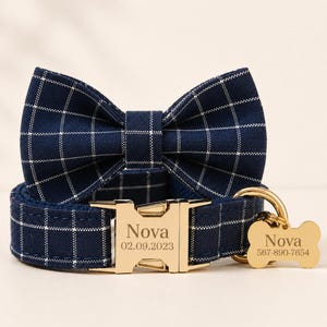 Blue Plaid Dog Collar Bow Tie, Gold Hardware, Free Engraving