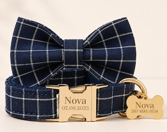 Blue Plaid Dog Collar Bow Tie, Gold Hardware, Free Engraving