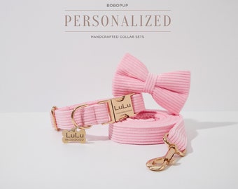 Hot Pink Corduroy Dog Collar Leash,Fancy Custom Dog Harness Leash Set, Dog Collar Harness and Leash Set For Birthday Gift
