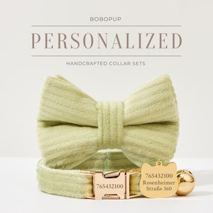 Fancy Green Corduroy Cat Collar Bow Set,Personalized Kitties Collar Leash For Christmas Gift,Handmade Puppy Collar Bowtie Leash Set For gift
