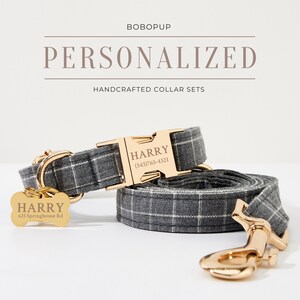 May include: A gray and white plaid dog collar and leash set with gold hardware. The collar has a personalized name tag that reads "HARRY (543)765-4321". The leash has a matching plaid pattern and a gold hook. The tag attached to the leash reads "HARRY #25 Springhouse Rd."