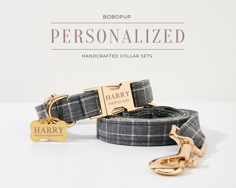 May include: A gray and white plaid dog collar and leash set with gold hardware. The collar has a personalized name tag that reads "HARRY (543)765-4321". The leash has a matching plaid pattern and a gold hook. The tag attached to the leash reads "HARRY #25 Springhouse Rd."