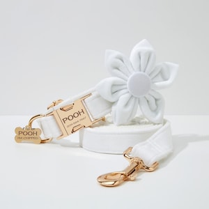Handmade White Velvet Personalize Dog Flower Collar Leash Set, Engraved Puppy Name Plate,Puppy Flower Collar Leash For Wedding Gift