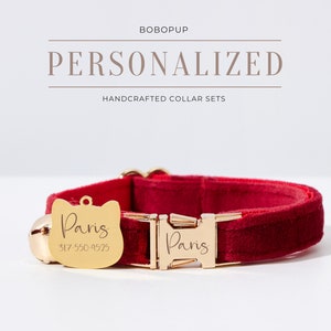 Personalized Cherry Velvet Cat Collar Puppy Collar Bowtie Set For Wedding Gift,Engraved Kitten Name Tag For Free,Handmade Cat Collar Gift