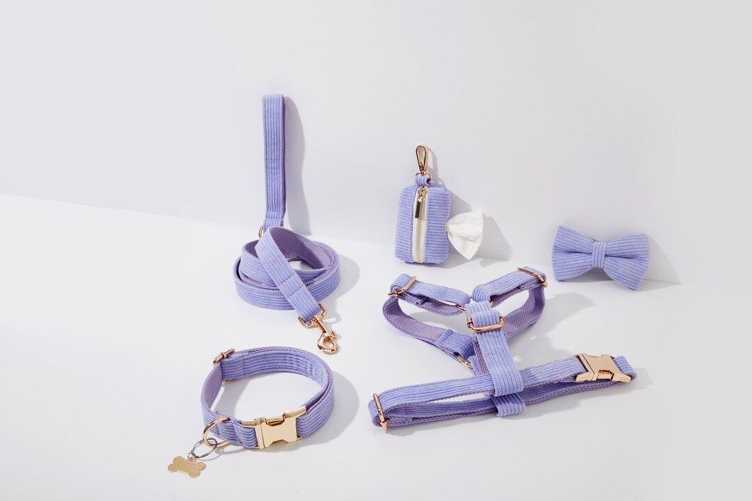 Lilac Corduroy Dog Harness Leash. Step in Harness for Girl Dog