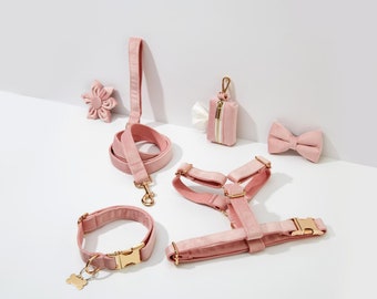 Baby Pink Velvet Personalized Harness With Gold Hardware,Fancy Velvet Harness Dog Collar and Leash Set for Large Small Puppy, Free Shipping