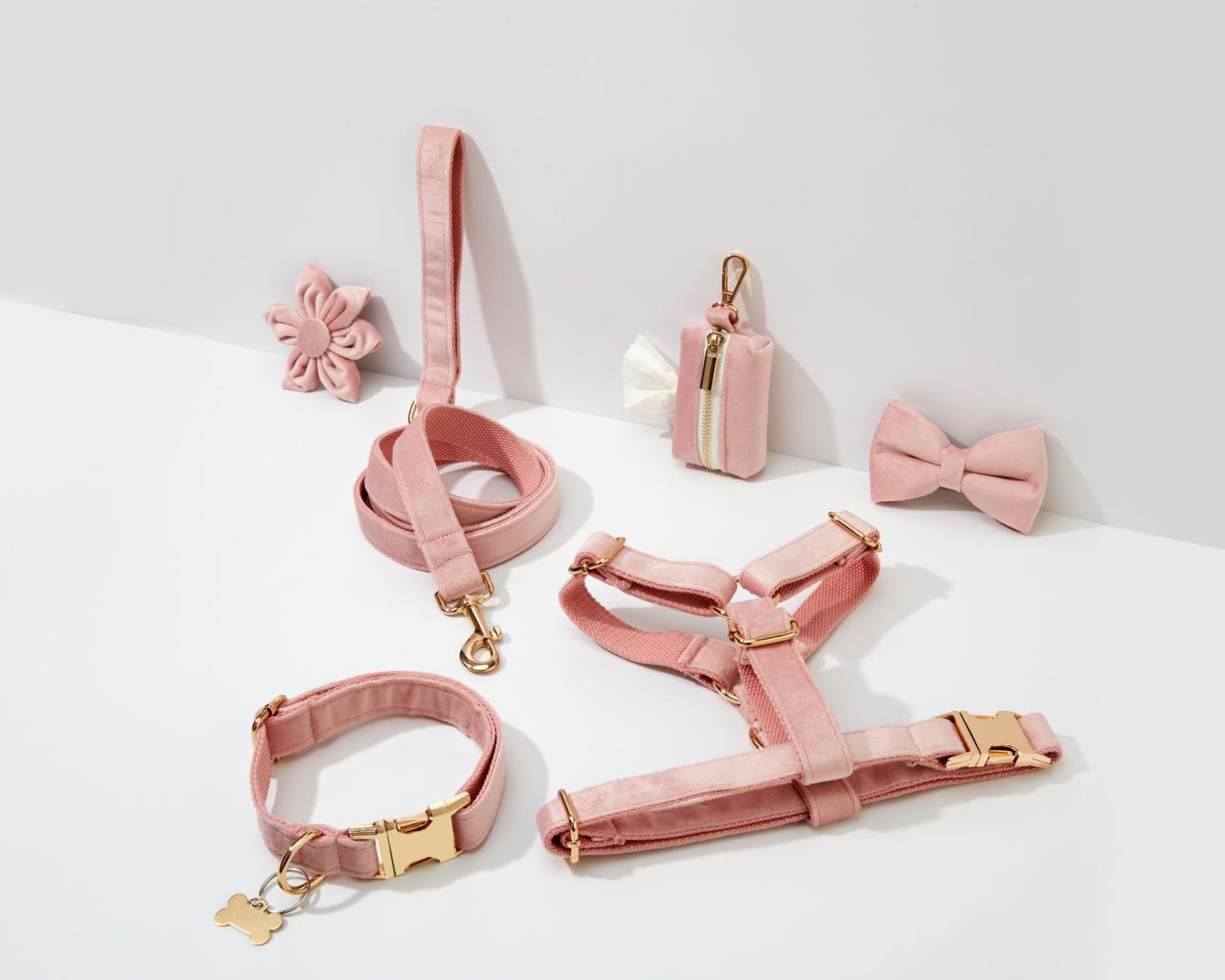 Baby Pink Velvet Personalized Harness With Gold Hardware,Fancy Velvet Harness Dog Collar and Leash Set for Large Small Puppy, Free Shipping