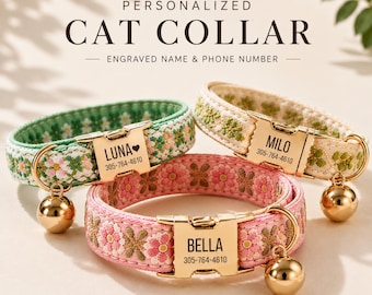 May include: Three personalized cat collars featuring floral embroidery in green, cream, and pink. Each collar has a gold-tone metal buckle engraved with a name and phone number, including LUNA, MILO, and BELLA, plus a small gold-tone bell attached.