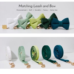 May include: Five matching dog leashes and bow ties in various shades of green and white. The leashes are made of soft, velvet-like material and have gold-colored clasps. The bow ties are also made of velvet and have a small bell attached.