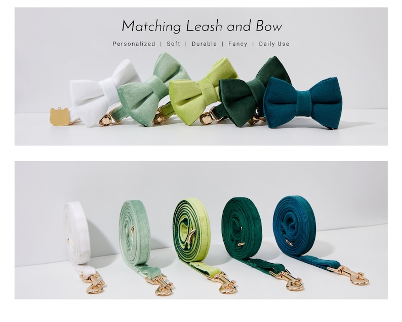 May include: Five matching dog leashes and bow ties in various shades of green and white. The leashes are made of soft, velvet-like material and have gold-colored clasps. The bow ties are also made of velvet and have a small bell attached.