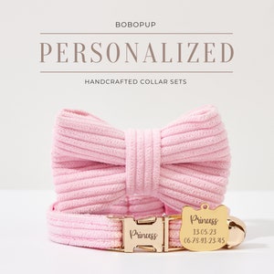 Fancy Hot Pink Corduroy Cat Collar Leash Bowtie Set,Handmade Kitty Collar Bell Set For Christmas Gift, Personalized dog collar small dog