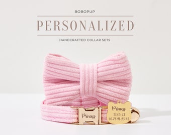 Fancy Hot Pink Corduroy Cat Collar Leash Bowtie Set,Handmade Kitty Collar Bell Set For Christmas Gift, Personalized dog collar small dog