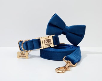 Personalized Velvet Dog Collar Bowtie Leash Set, Engraved Buckle