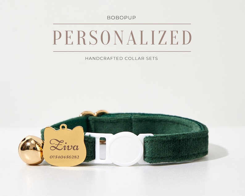 May include: A green velvet cat collar with a gold cat-shaped tag engraved with the name "Ziva" and a phone number. The collar has a white plastic buckle and a gold bell.