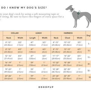 May include: A white chart with black text provides dog sizing information for collars, leashes, and harnesses. Measurements are in inches and centimeters, with dog weight in pounds. The chart includes neck, chest, and width measurements, and the text "HOW DO I KNOW MY DOG'S SIZE?"