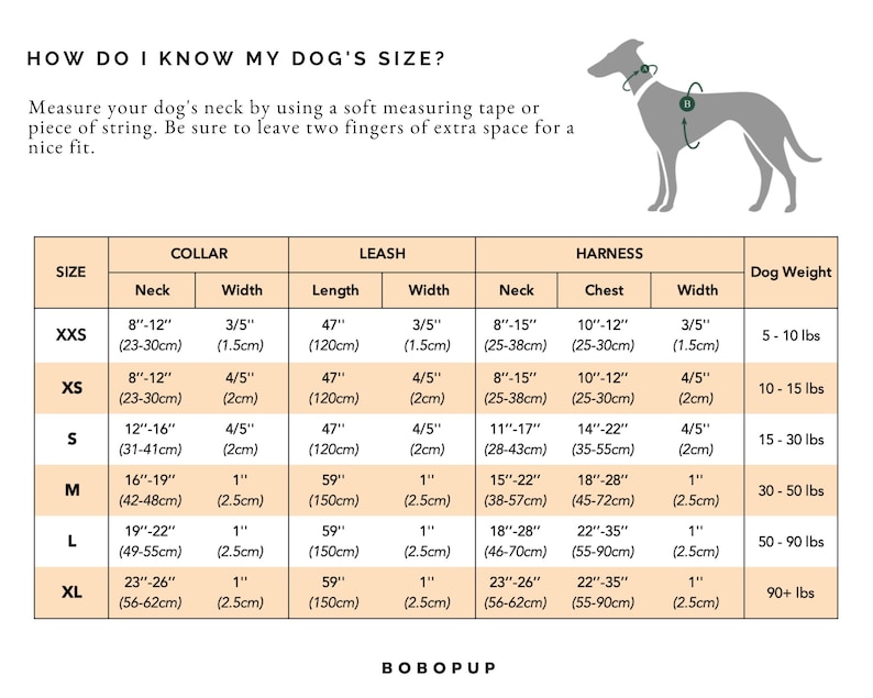 May include: A white chart with black text provides dog sizing information for collars, leashes, and harnesses. Measurements are in inches and centimeters, with dog weight in pounds. The chart includes neck, chest, and width measurements, and the text "HOW DO I KNOW MY DOG'S SIZE?"