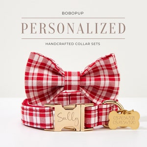 Red Plaid Dog Collar Bow Tie Set, Free Name Engraving, Personalized Dog Collar for Small Large Dog, Dog Birthday Gift