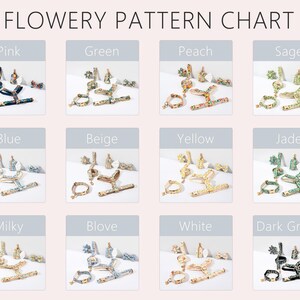 May include: A chart displaying jewelry sets in various colors, including pink, green, peach, and sage. Each set features bracelets, necklaces, and other accessories with a floral pattern. The text "FLOWERY PATTERN CHART" is at the top.