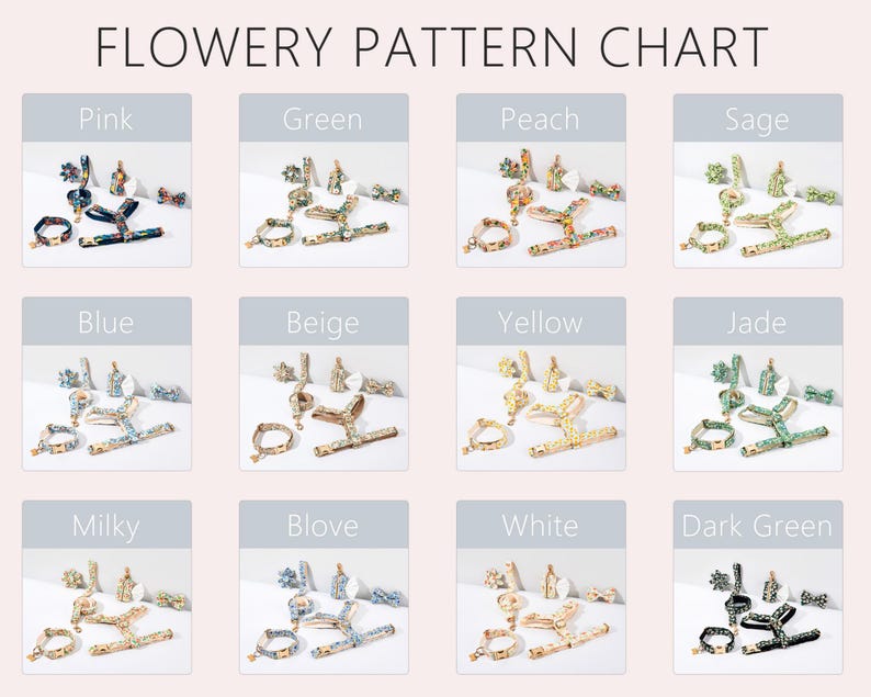 May include: A chart displaying jewelry sets in various colors, including pink, green, peach, and sage. Each set features bracelets, necklaces, and other accessories with a floral pattern. The text "FLOWERY PATTERN CHART" is at the top.